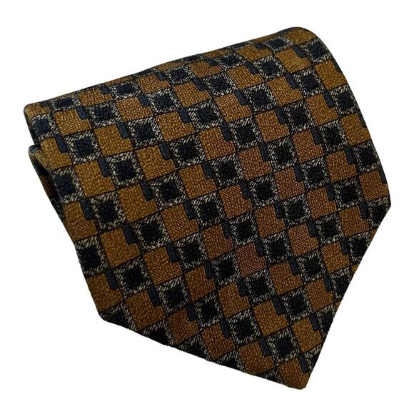 Kenneth Cole Gold Blue Square Windowpane Lattice Geometric Pattern Silk Tie - Picture 1 of 6